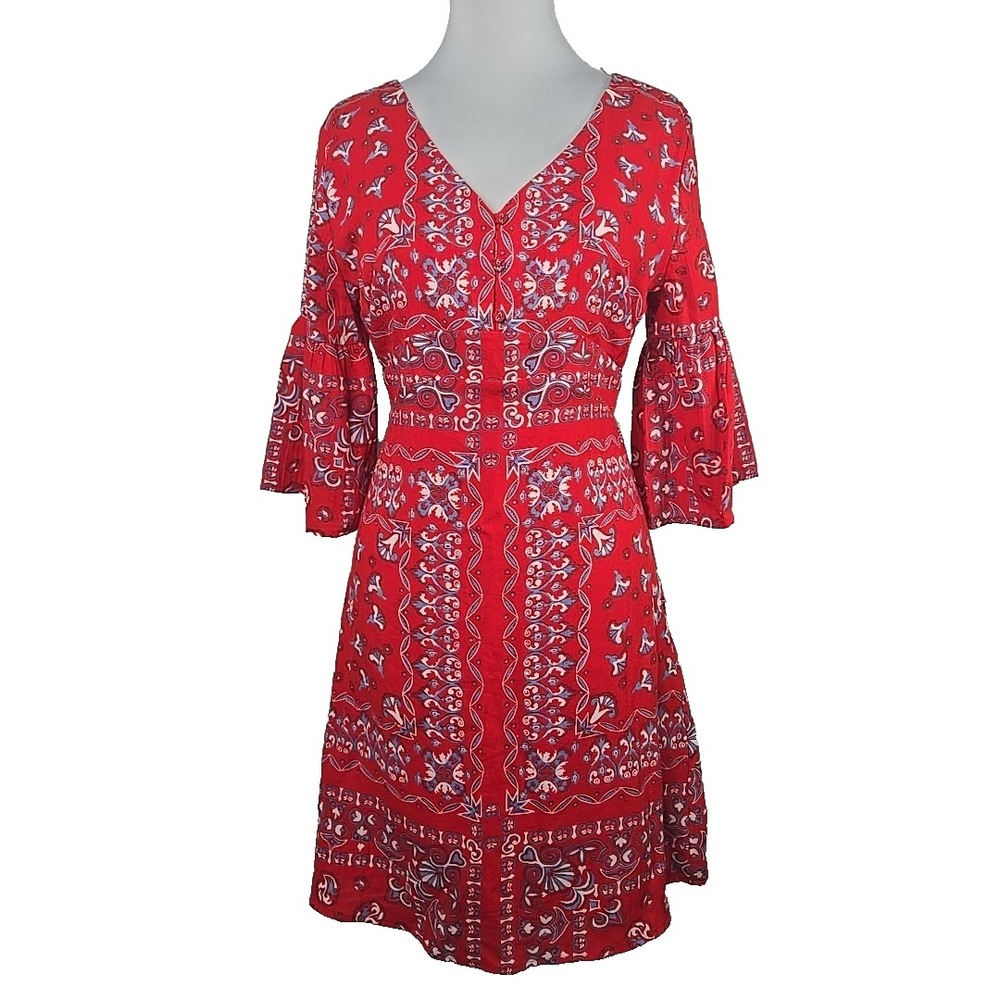 Skies Are‎ Blue - Red Paisley Bell Sleeve Lined V-Neck Dress Medium (Read)